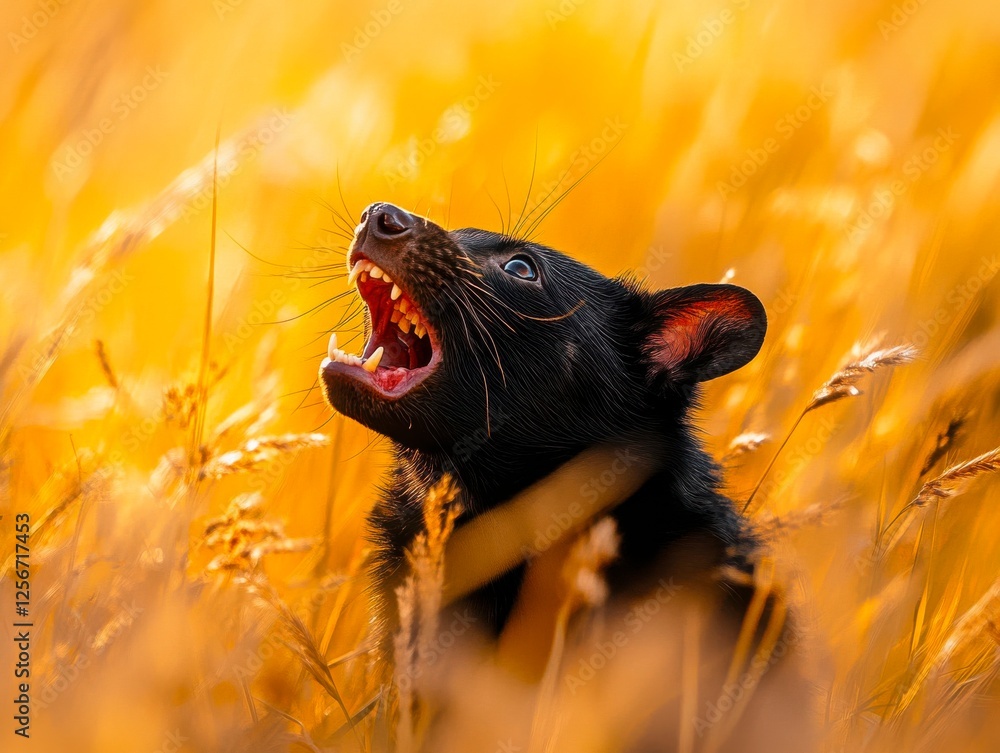 Wall mural tasmanian devil growls in golden meadow displaying wildlife conservation and predator behavior.