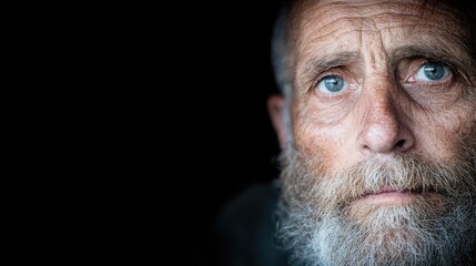 Elderly man, pensive gaze, dark background, life reflection, senior portrait