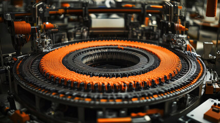 Fototapeta premium Closeup view of a complex industrial circular knitting machine with vibrant orange yarn