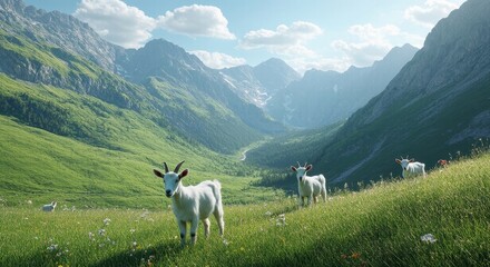 Lush Green Mountains with Grazing Goats.