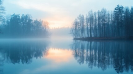 Fototapeta premium Misty sunrise lake reflection, tranquil forest