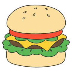 Illustration Burger with Lettuce, Tomato, and Cheese Isolated White Background Fast Food Icon