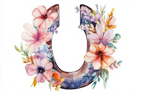 Watercolor floral horseshoe embodies rustic charm and farmhouse aesthetics for western-themed designs.