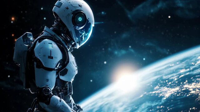 Futuristic humanoid robot astronaut in space, gazing at Earth from orbit. Advanced AI technology exploring the cosmos in a sci-fi inspired deep space mission.