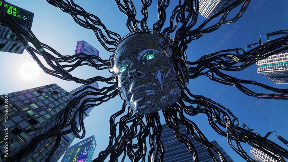 Poster futuristic robot head connecting to skyscrapers with cables, symbolizing artificial intelligence con
