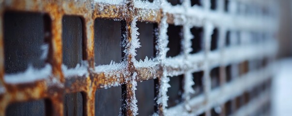 Frozen Metal Grid: A Winter's Day Frost