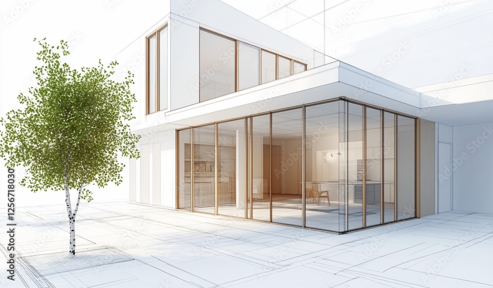 Poster Modern house architectural design rendering showing interior and exterior spaces with a tree.
