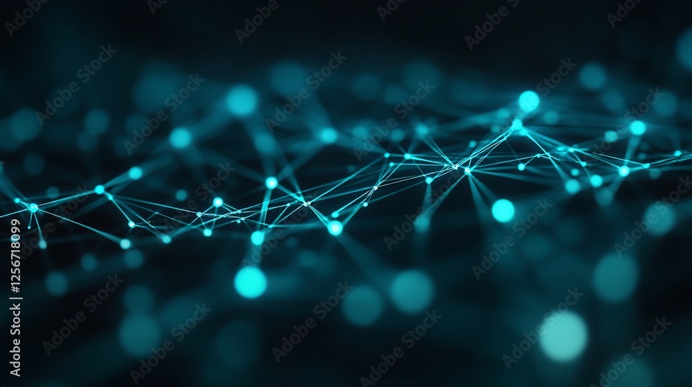 Poster abstract teal network connection, glowing nodes and lines on dark background.
