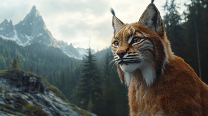 Obraz premium Majestic Lynx Gazing Across Mountainous Landscape