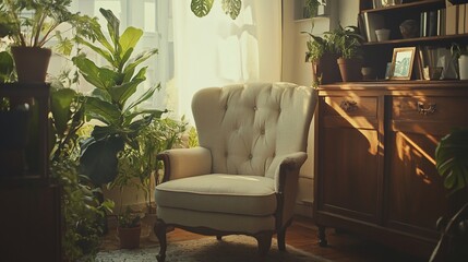 Sunlit room with armchair, plants, and vintage furniture.
