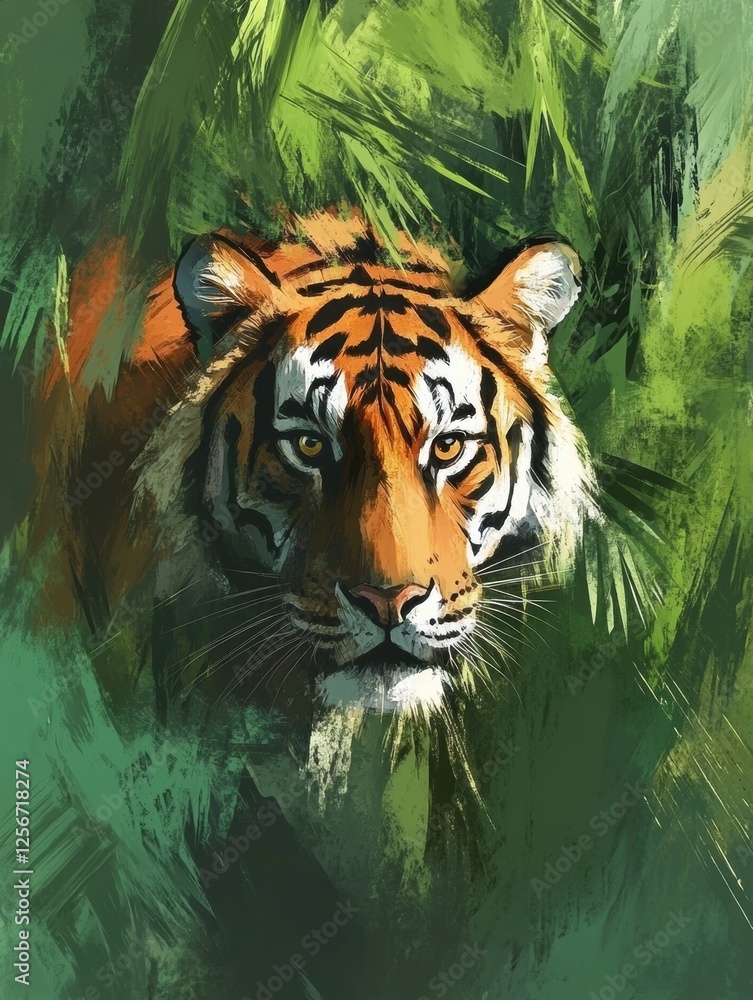 Leinwandbilder vibrant tiger portrait in a lush jungle setting creating an engaging atmosphere for artistic express