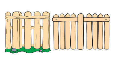 Cartoon Style Wooden Fence with Vertical Planks Isolated on White Background.