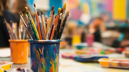 Paintbrushes standing in a colorful jar are reflecting the joy of creation
