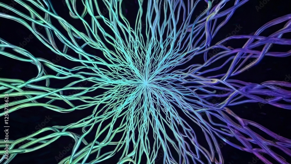 Poster numerous colorful fibers expand and connect, creating a mesmerizing abstract network against a black