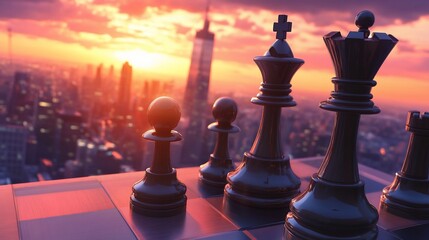 Black chess pieces on a board overlooking a city sunset.