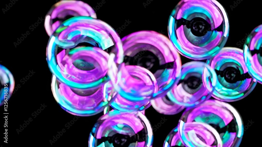Poster multiple soap bubbles are floating, creating a vibrant display of pink and turquoise colors against 