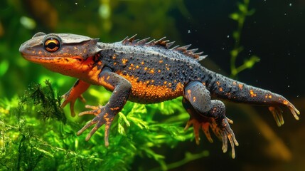 Obraz premium Striking Orange And Black Aquatic Newt In Vibrant Green Habitat