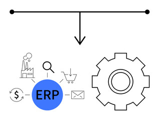 ERP central node linked to factory, magnifier, shopping cart, and other icons. Large gear highlights operations. Ideal for automation, business integration, workflows, optimization technology
