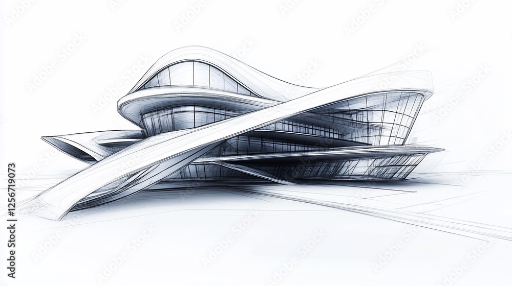 Poster architectural sketch of a modern building with curvilinear and dynamic design