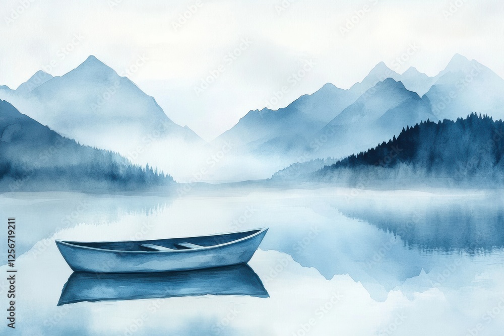 Poster serene watercolor illustration featuring a rowboat on a calm mountain lake with a vast blank sky for