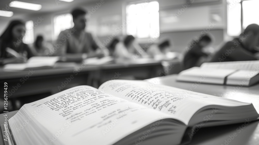 Poster A monochrome image of an open textbook on a desk, surrounded by blurred students studying in a classroom setting. The focus highlights learning and education. AI generated.