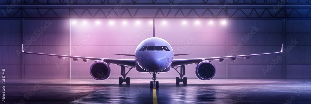 Poster modern airplane parked inside spacious hangar awaiting departure in the evening with bright lights i
