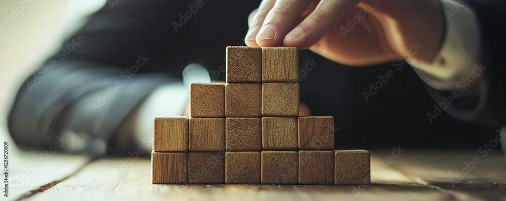 Poster businessman building a stable structure with wooden blocks