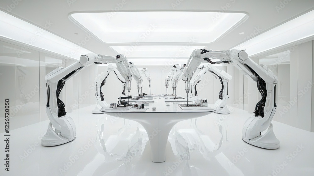 Poster futuristic robotics lab with multiple robotic arms in action