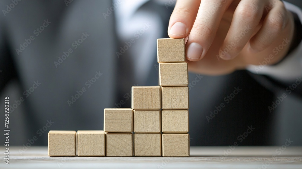 Poster businessman building a graph or chart with wooden blocks