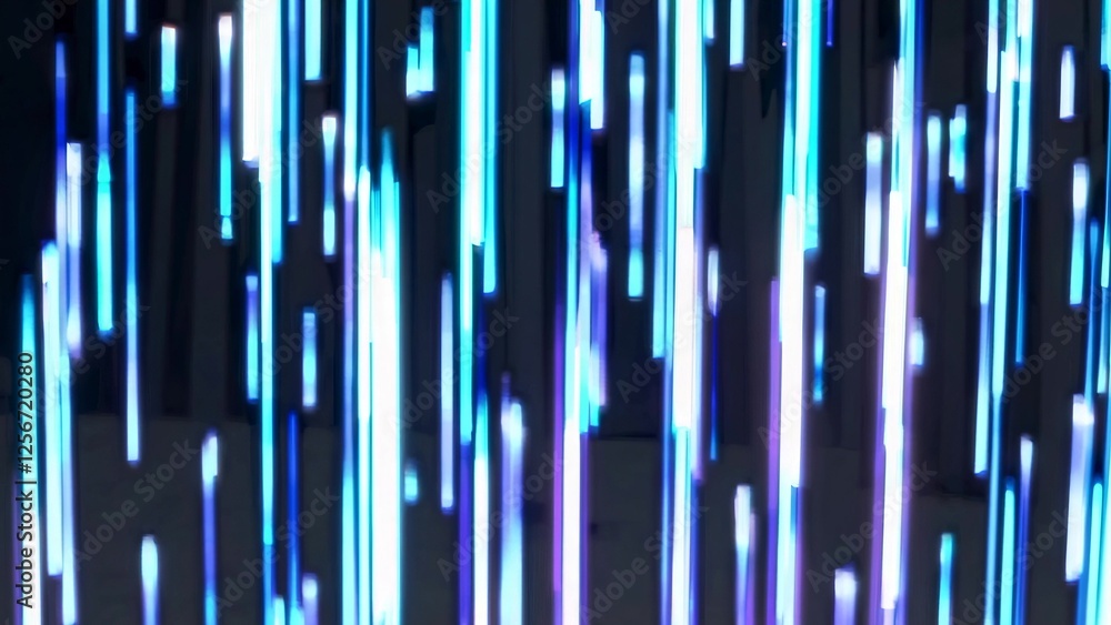 Poster vertical light trails in shades of blue and white fall against a dark background, creating a dynamic