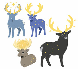 Vector Style Glowing Deer Spirit in Blue, White, Golden, and Ethereal Green Isolated White Background