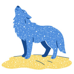 Cartoon, Hand drawing Glowing Blue Dream Magical Fantasy Dog Wolf Howling at the Stars Isolated White Background