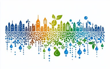Eco-friendly city skyline with colorful buildings and nature elements.