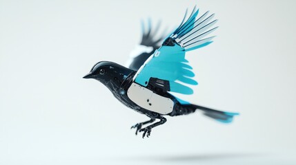 Obraz premium Mechanical Bird with Blue Wings in Flight Against a Minimalist Background