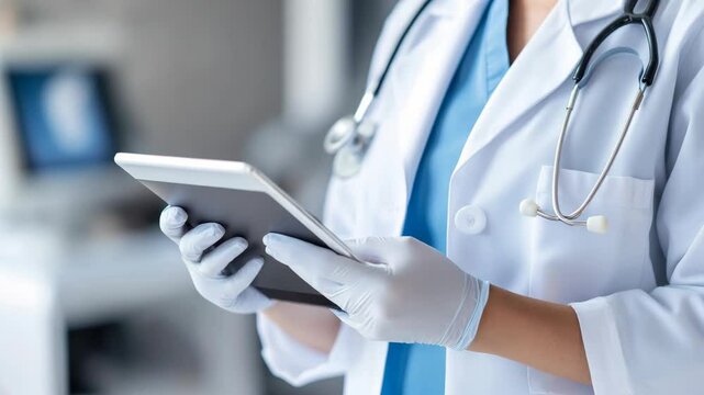 A medical professional wearing a white coat, latex gloves, and a stethoscope uses a digital tablet for patient records or diagnosis, symbolizing modern healthcare, technology, and telemedicine.