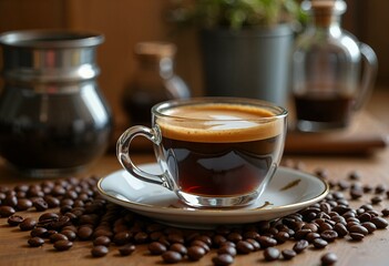 Espresso in clear glass cup on a saucer surrounded by coffee beans with rustic kitchenware in the softly lit background. AI Generated