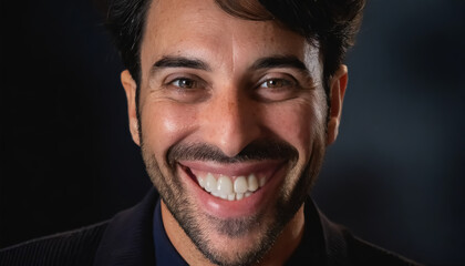 Professional Portrait of a Man in Dark Attire with a Black Background with Smilling.