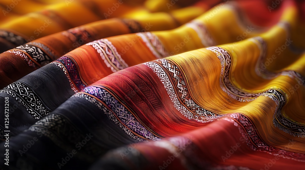 Poster vibrant fabric draping elegantly, showcasing intricate patterns and colors, with soft lighting enhan