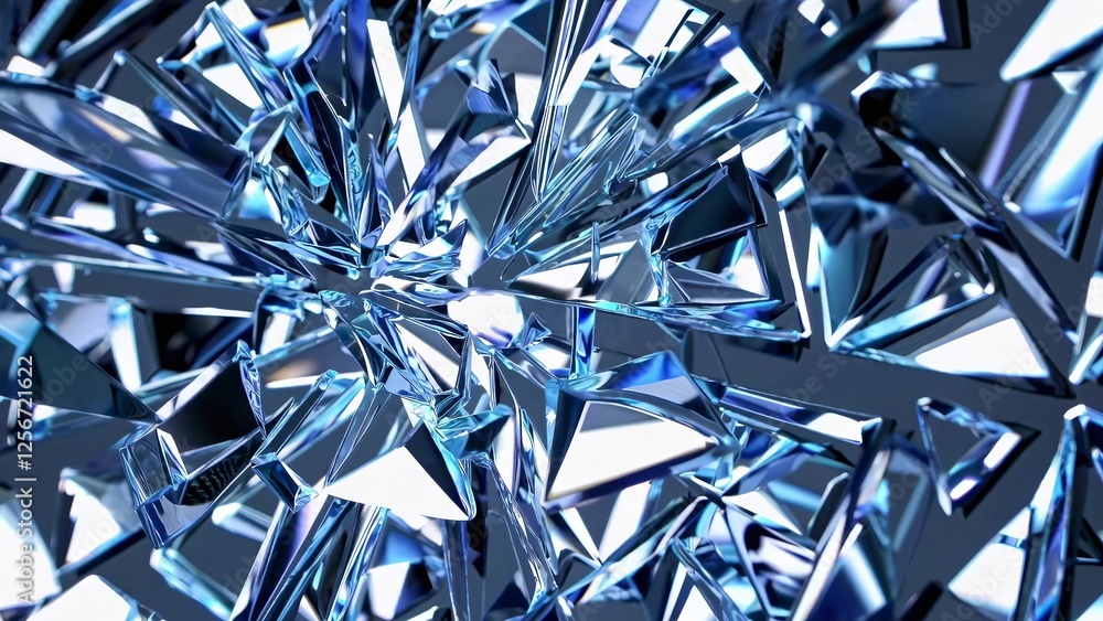 Poster crystal shards creating a mesmerizing abstract structure, reflecting and refracting blue light, perf