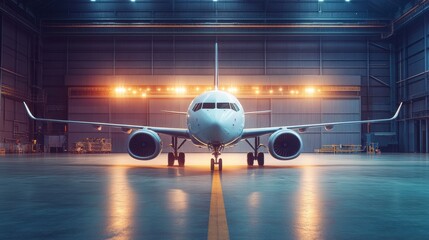 Fototapeta premium Modern airplane parked in large hangar with bright lights illuminating the spacious interior during evening hours. Generative AI