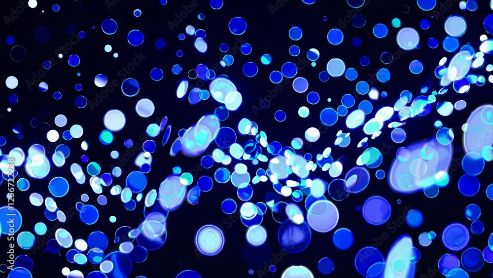 Poster abstract blue bokeh bubbles of varying sizes floating and swirling on a black background, creating a