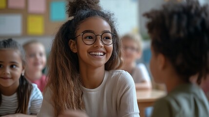 Obraz premium Happy student girl smiling during class at school