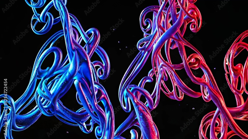 Poster intricate tentacles. illuminated with vibrant blue and pink hues. intertwine and swirl against a dar