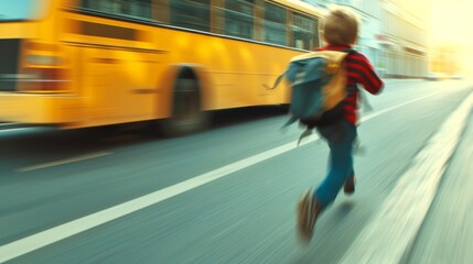 A young boy, wearing a striped sweater and backpack, runs after a yellow school bus on a sunny urban street, filled with movement and urgency. AI generated.