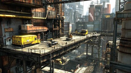 Urban industrial landscape with machinery and structures in a bustling environment during the day