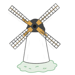 Cartoon, Hand drawing Style Windmill in Off White with Red Sails Isolated White Background