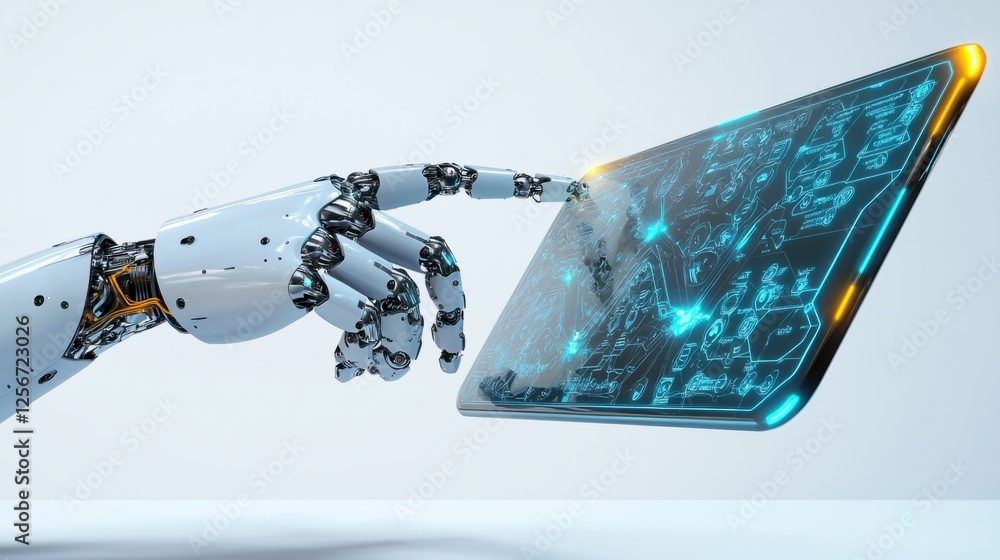 Poster futuristic robot hand interacting with digital touchscreen display