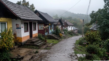 Misty mountain village street, colorful houses, rainy day, rural background, travel photography