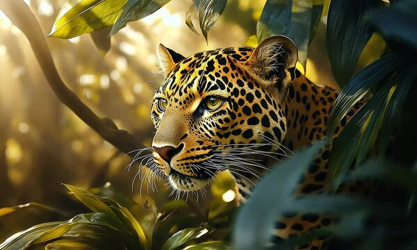 Majestic leopard emerging from dense jungle foliage, bathed in dappled sunlight, surrounded by rich greens and golden hues, with an atmospheric mist.