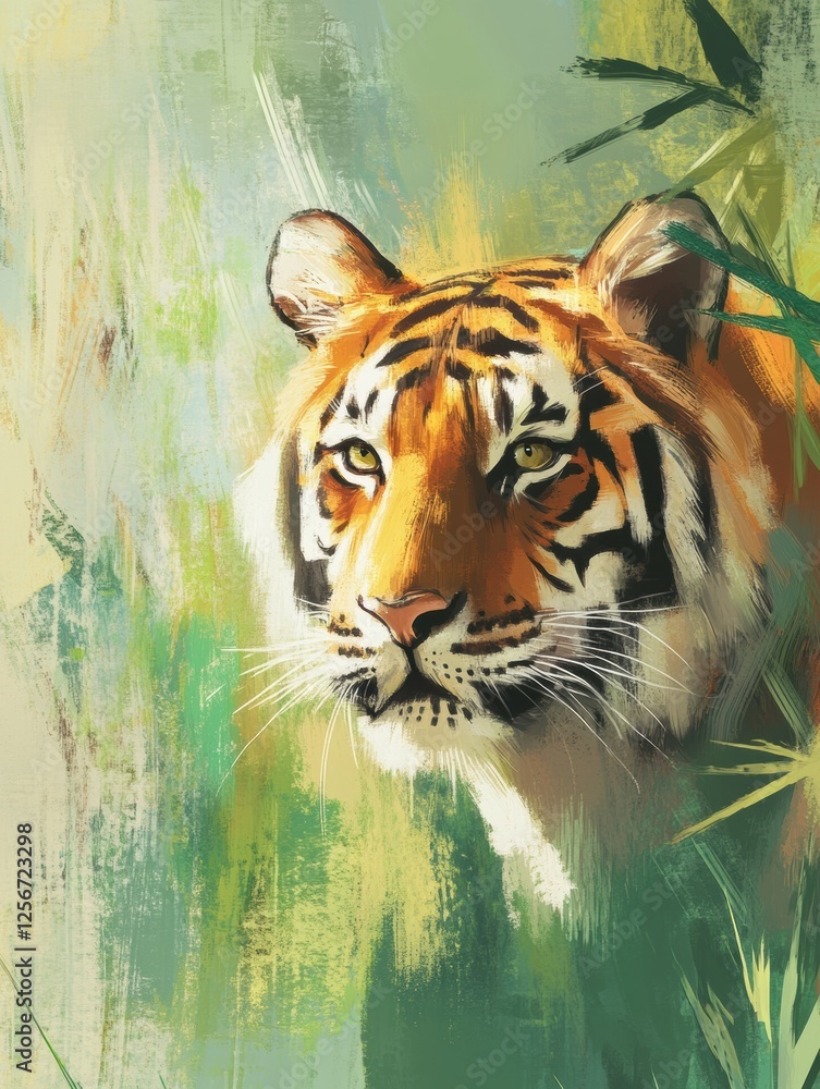 Leinwandbilder impressionist tiger portrait in a vibrant jungle setting with blank space for text. generative ai